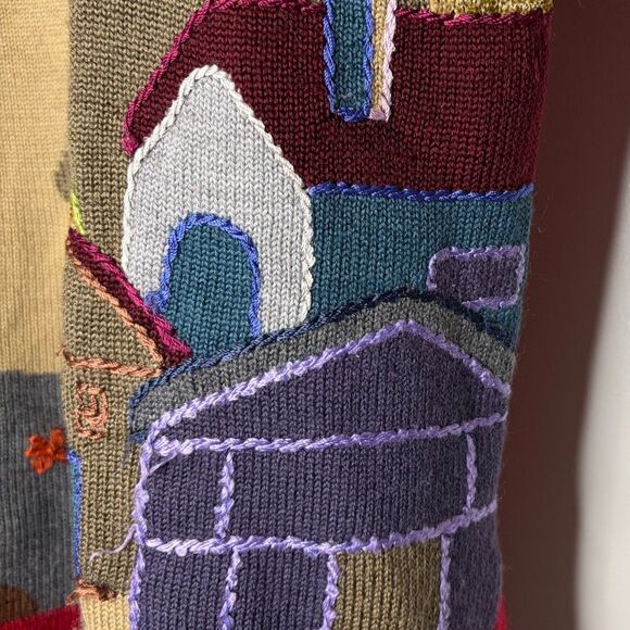 Pregiato Soft Red Knit Sweater Embroidered Rural Farm Scene Cottage Granny S/M - Picture 4 of 10